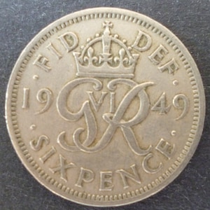 Vintage 1949 English Sixpence Coin: Cupro-Nickel Jewelry Craft Supply
