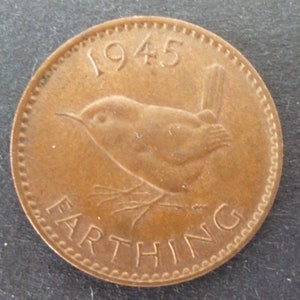 1945 UK Farthing Coin: Wren Bird, King George VI