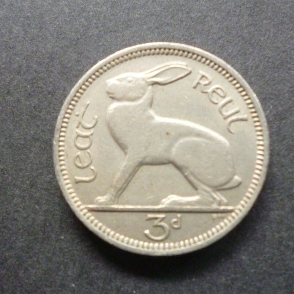 1965 Eire (Ireland Republic) Threepence coin featuring a Hare and a Harp, ideal for craft or jewellery making.