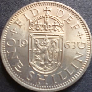 Vintage English 1963 Shilling coin (Scottish Version) ideal gift or for craft or jewellery making in good used (circulated) condition.