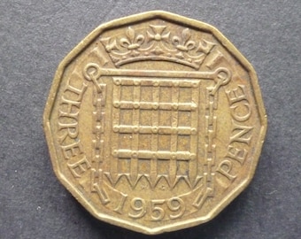 1959 English Threepence Coin, Nickel Brass, Craft or Jewelry Project