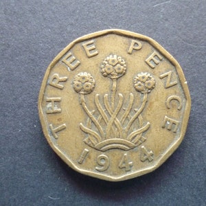 1944 English Threepence Coin: Nickel Brass, Thrift Plant Design