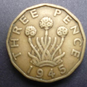 Vintage 1945 English Threepence Coin: Nickel Brass Craft Supply