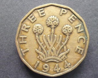 1944 English Threepence Coin: Nickel Brass, Thrift Plant Design