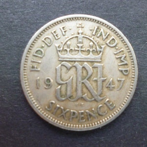 Vintage 1947 English Sixpence Coin: Good Luck Bridal Gift, Jewelry Making