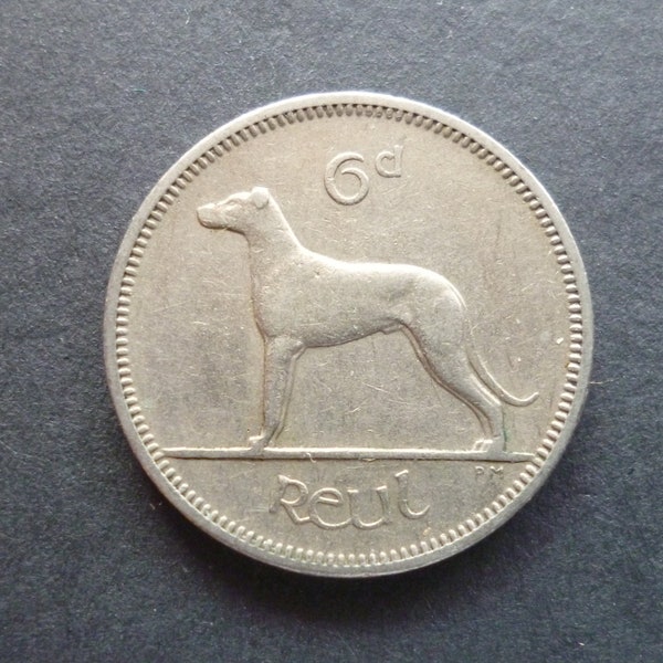 1961 Eire (Ireland Republic) Sixpence coin featuring an Irish Wolfhound and a Harp, ideal for craft or jewellery making.