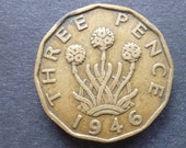 Great BritainThreepence coin 1946 in good used (circulated) condition, Nickel Brass, ideal gift or for jewellery or craftmaking projects.