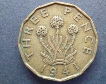 Great BritainThreepence coin 1941 in good used (circulated) condition, Nickel Brass, ideal gift or for jewellery or craftmaking projects.