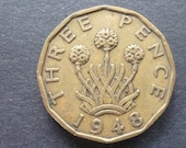 Great BritainThreepence coin 1948 in good used (circulated) condition, Nickel Brass, ideal gift or for jewellery or craftmaking projects.