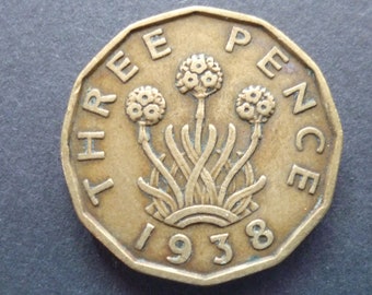 Great BritainThreepence coin 1938 in good used (circulated) condition, Nickel Brass, ideal gift or for jewellery or craftmaking projects.