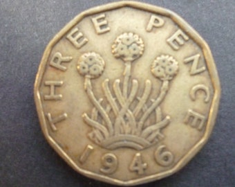 Great Britain Threepence coin 1946 in good used (circulated) condition, Nickel Brass, ideal gift or for jewellery or craftmaking projects.