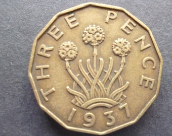 Great BritainThreepence coin 1937 in good used (circulated) condition, Nickel Brass, ideal gift or for jewellery or craftmaking projects.