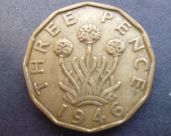 Great Britain Threepence coin 1946 in good used (circulated) condition, Nickel Brass, ideal gift or for jewellery or craftmaking projects.