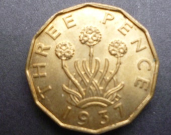 Great BritainThreepence coin 1937 in uncirculated (un-used)  condition, Nickel Brass, ideal gift or for jewellery or craftmaking projects.