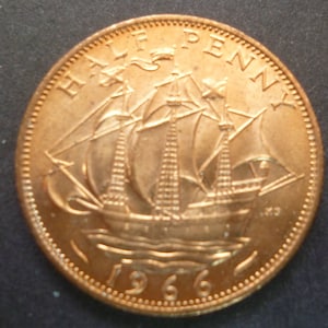 Großbritannien 1966 Half Penny Münze,Queen Elizabeth II, ein ideales Geschenk oder zum Basteln oder zur Schmuckherstellung, in gutem gebrauchten (zirkulierten) Zustand.