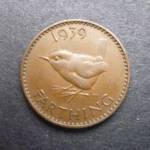 1939 UK Farthing Coin: Wren Bird, King George VI, Bronze
