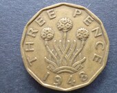 Great BritainThreepence coin 1948 in good used (circulated) condition, Nickel Brass, ideal gift or for jewellery or craftmaking projects.