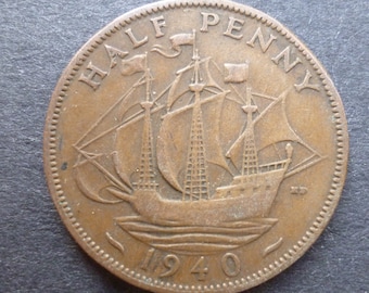 1940 Half Penny Coin With Ship (golden Hind), King George VI From