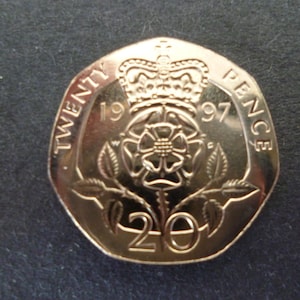 Moneda de veinte peniques del Reino Unido de 1997: moneda artesanal de cuproníquel sin circular