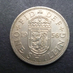 United Kingdom 1956 Shilling coin (Scottish Version) ideal gift or for craft or jewellery making in good used (circulated) condition.