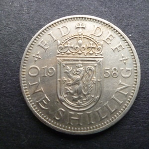 Moneta da scellino scozzese del 1958: moneta in cupronichel del Regno Unito