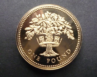 1987 English One Pound Coin: Royal Mint Proof, Oak Tree Design