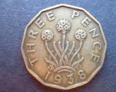 Great BritainThreepence coin 1938 in good used (circulated) condition, Nickel Brass, ideal gift or for jewellery or craftmaking projects.