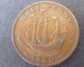 1940 Half Penny Coin With Ship (golden Hind), King George VI From