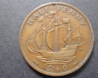 1940 Half Penny Coin With Ship (golden Hind), King George VI From