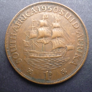 1950 South Africa Penny Coin: Dromedaris Ship, King George VI, Craft Jewelry
