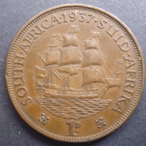 1937 South Africa Penny Coin: Dromedaris Ship, King George VI