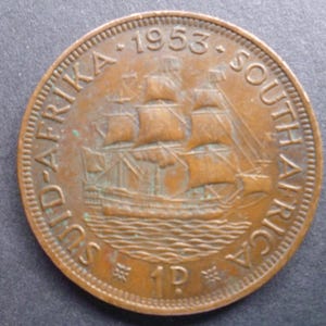 1953 South Africa Penny Coin: Dromedaris Ship, Queen Elizabeth II