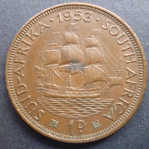 1953 South Africa Penny Coin: Dromedaris Ship, Queen Elizabeth II
