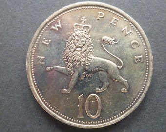 United Kingdom 1974 Ten Pence coin (10p) in circulated (used) condition ideal for jewellery or craftmaking.