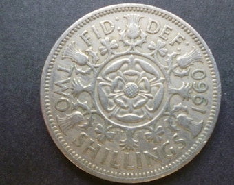 Twee shilling florin-munt uit 1960: Engelse cupro-nikkelmunt voor sieraden