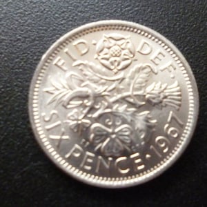 English vintage 1967 extremely fine condition Sixpence coin ideal for craft or jewellery making featuring Elizabeth 2nd, 1967 sixpence piece