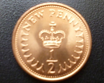 1971年英国ペニー硬貨：未使用ブロンズ製1ペンス硬貨、エリザベス2世