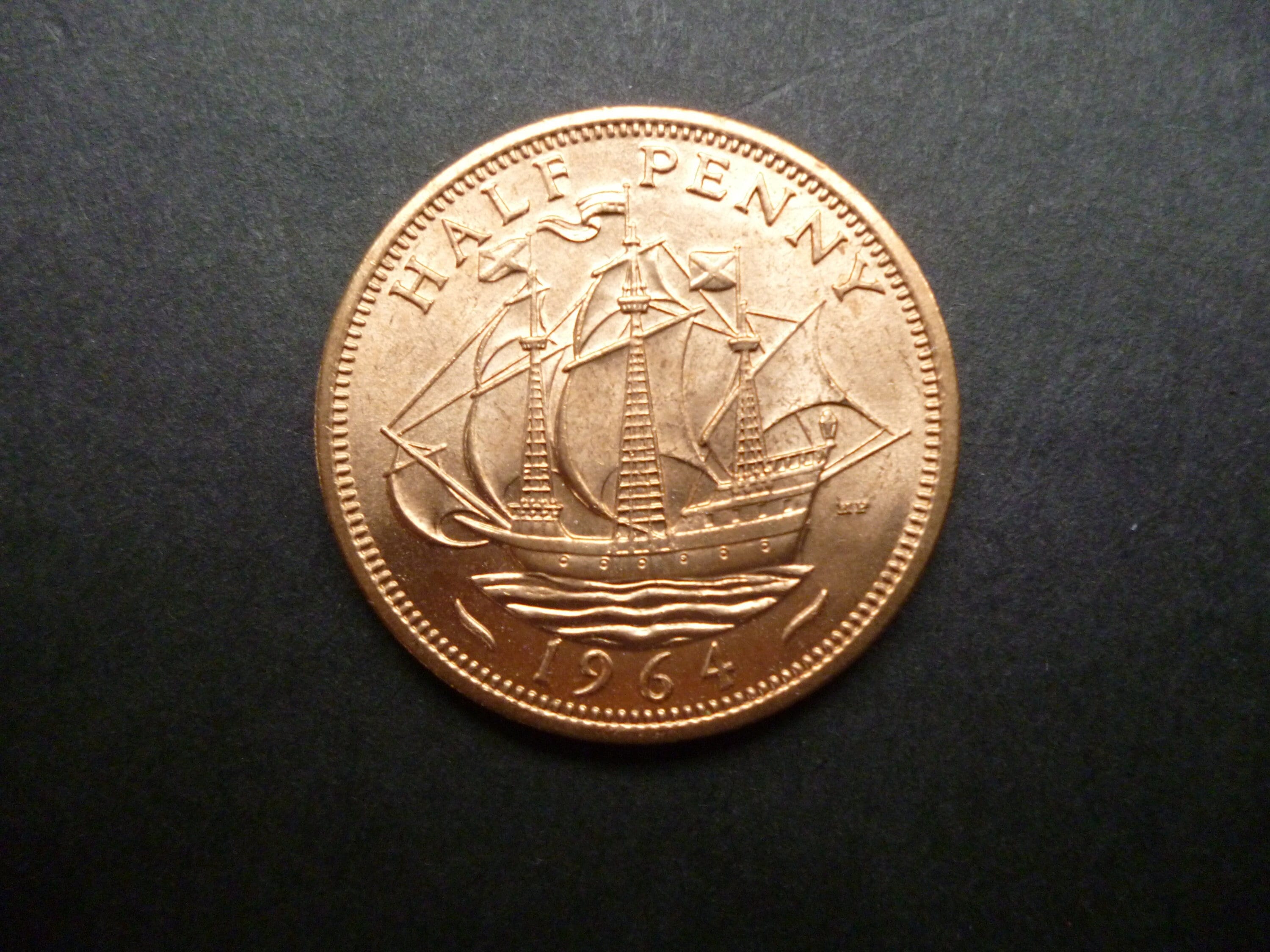 1964年英国ハーフペニーコイン、エリザベス2世女王、ゴールデン・ハインド・シップ
