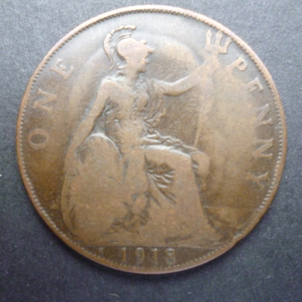 Great Britain 1918 one penny coin,George 5th Heaton Mint Birmingham an ideal gift or for craft or jewellery making in good used condition.
