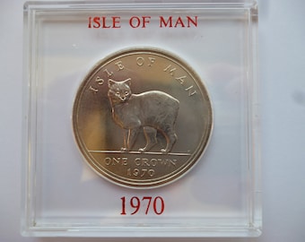 1970 Isle Of Man Crown Coin: Queen Elizabeth II, Manx Cat