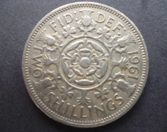 English coin a 1961 Two Shillings (Florin) coin, ideal gift or for craft or jewellery making in good used (circulated) condition.