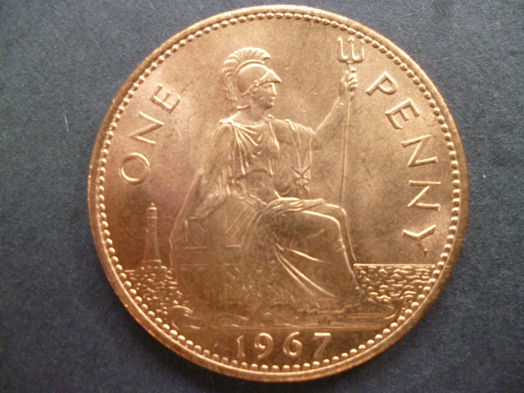 イギリス 1967 年 1 ペニー硬貨、エリザベス 2 世女王、良好な中古