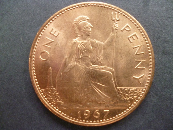 イギリス 1967 年 1 ペニー硬貨、エリザベス 2 世女王、良好な中古