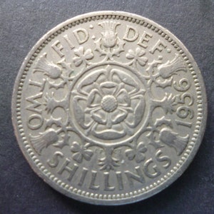 English coin a 1956 Two Shillings (Florin) coin, ideal gift or for craft or jewellery making in good used (circulated) condition.