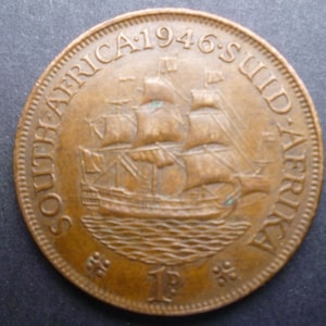 1946 South Africa Penny Coin: Dromedaris Ship, King George VI