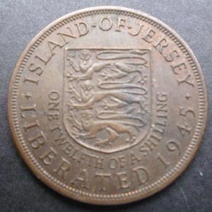 1945 King George The Sixth States of Jersey one twelfth of a shilling coin (Penny Coin), ideal for craft or jewellery making. 1946 jersey