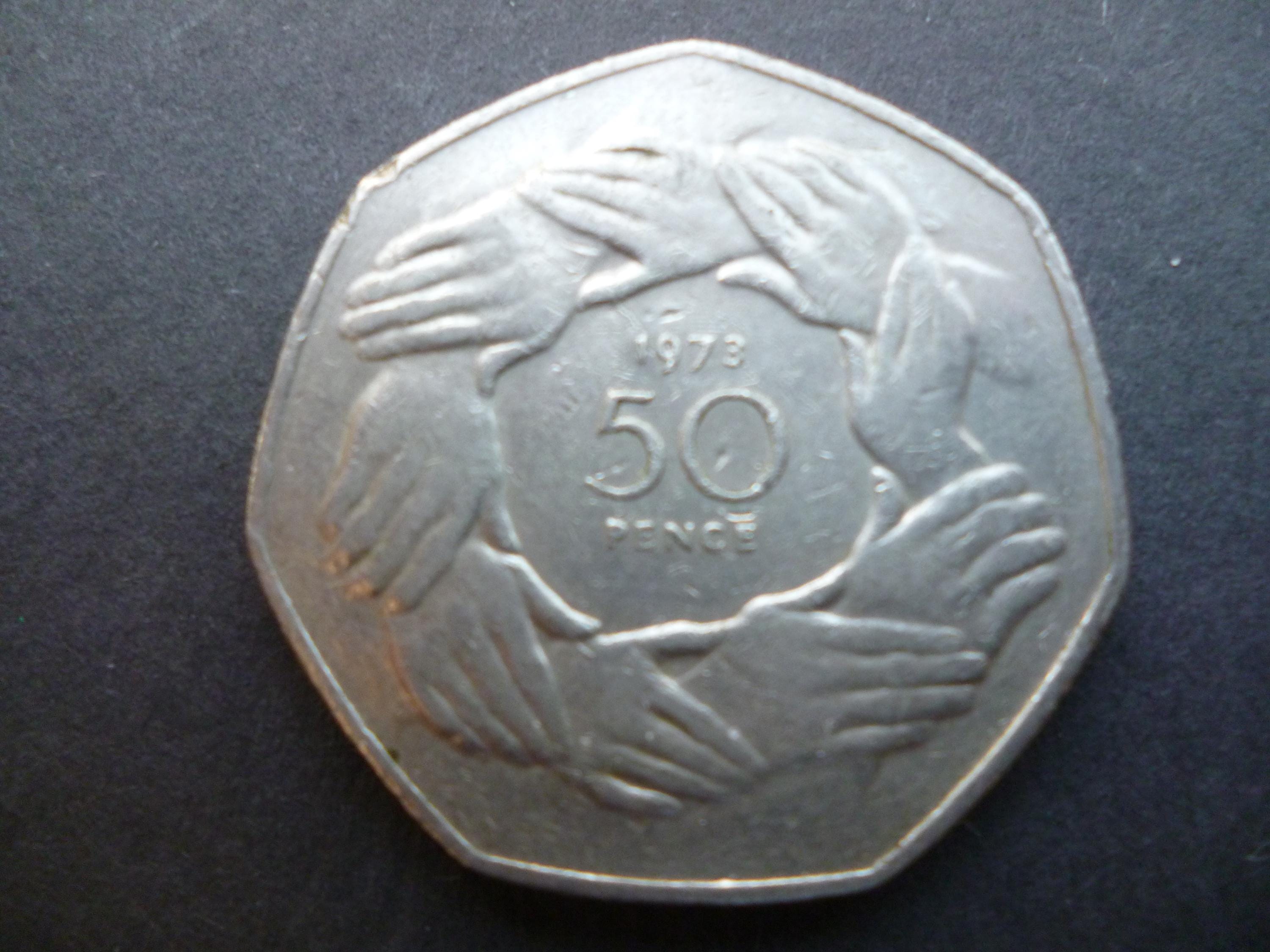 1973年ヴィンテージEEC 50ペンス硬貨：エリザベス2世女王、クラフト