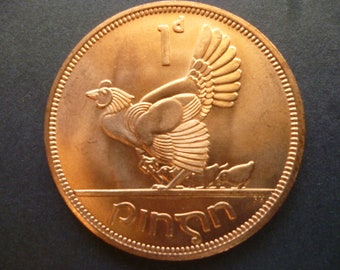 1968 Irish Penny Coin: Hen & Chicks, Harp Design, Uncirculated