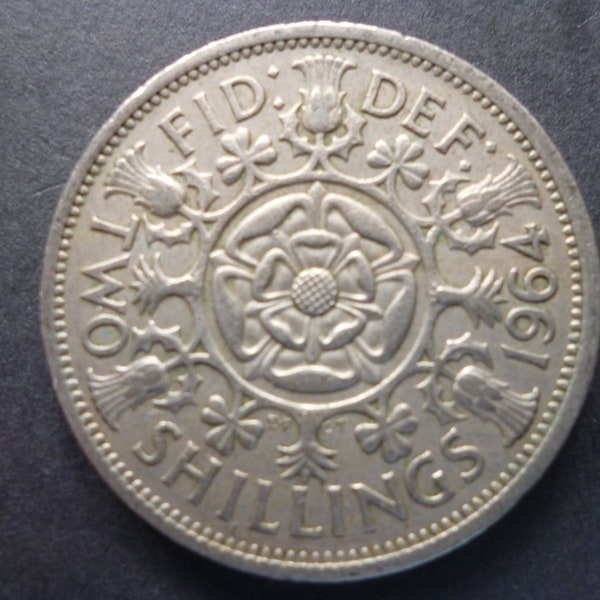 English coin a 1964 Two Shillings (Florin) coin, ideal gift or for craft or jewellery making in good used (circulated) condition.