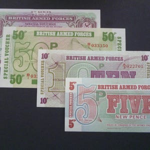 Four vintage genuine English Military banknotes/vouchers all in unused mint uncirculated condition as issued to the British Armed Forces.